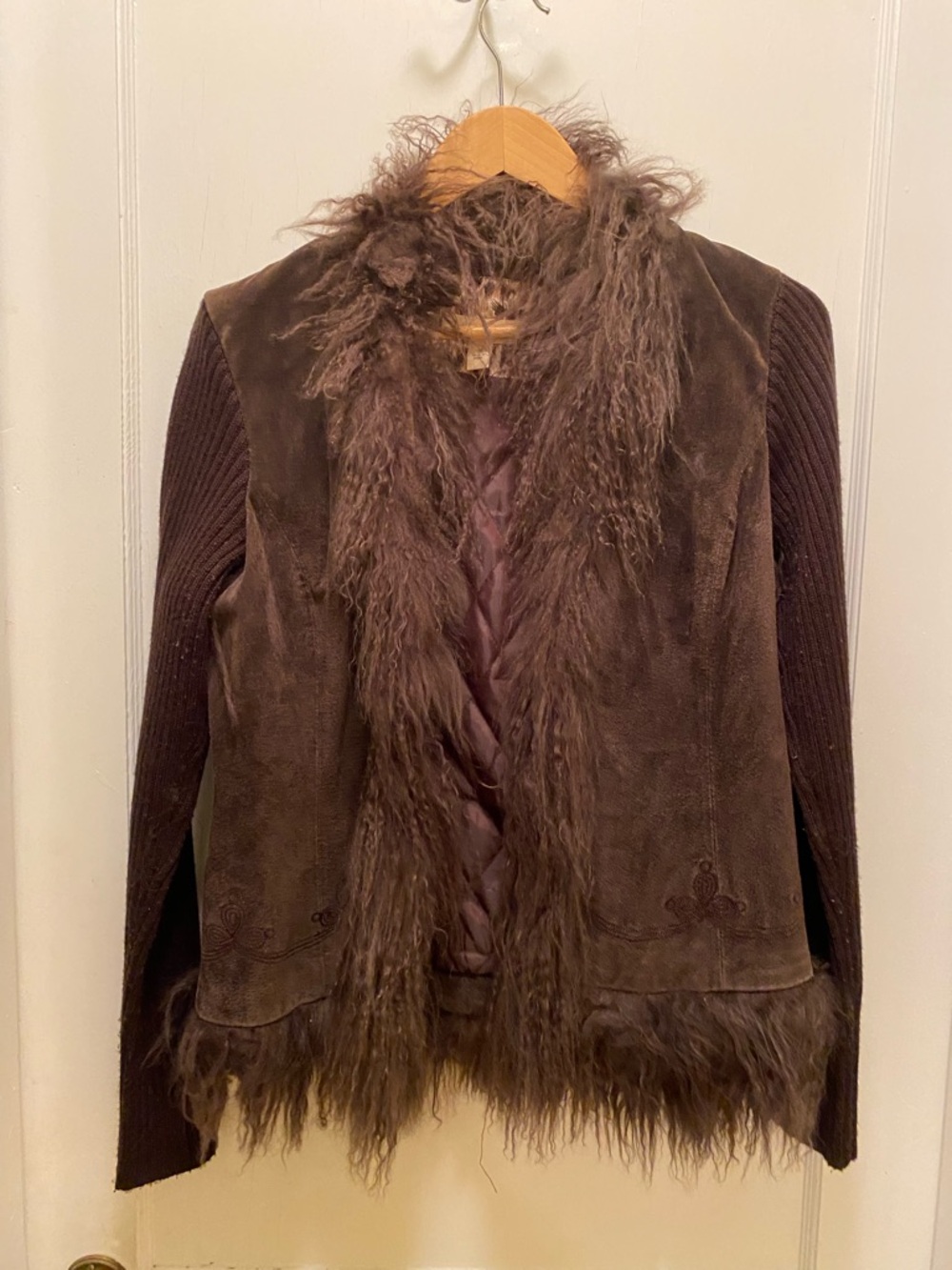“if it were me”Chocolate Brown Real  FurTrim Suede Knit Sleeve Jacket